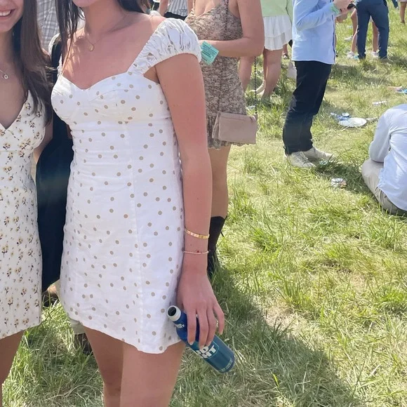 LPA | Dresses | Revolve Lpa Polka Dot Fit Flare Mini Dress In White Tan  Size Xs | Poshmark
